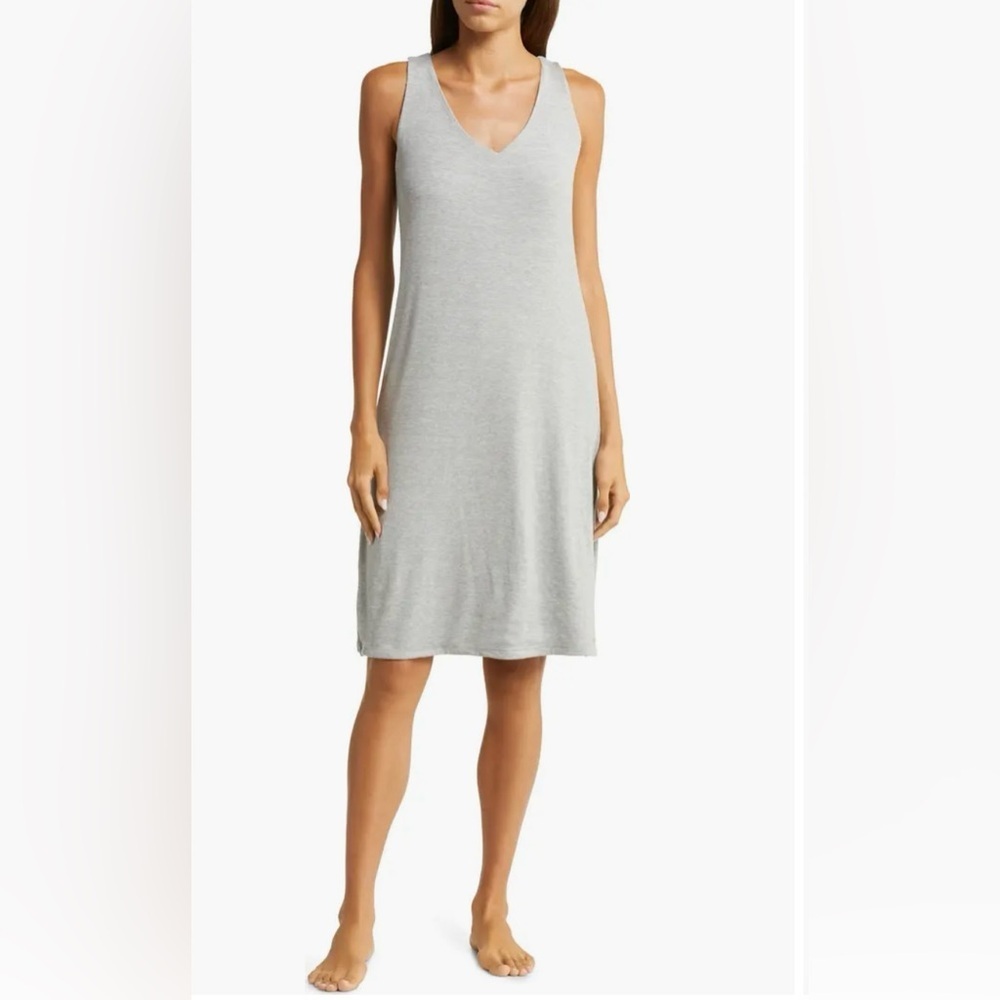 🆕 Cozy Earth Rib Knit V Neck Tank Sleeveless Lounge Nightdress, Grey Size XL